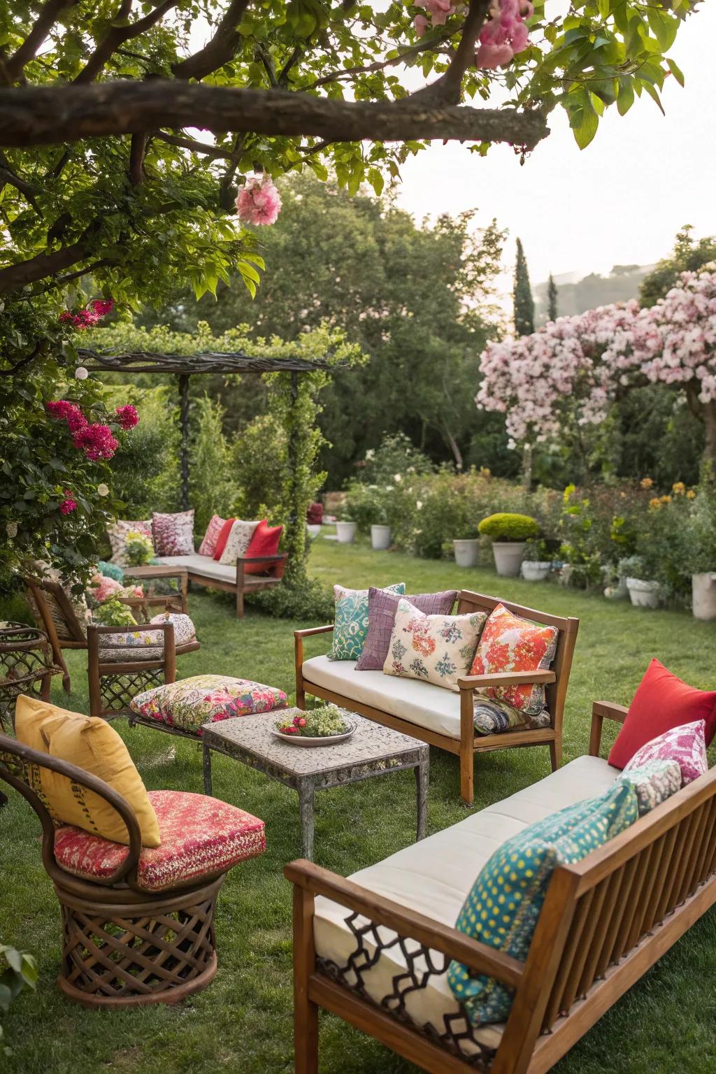 Cozy seating featuring vibrant cushions, promoting a tranquil garden atmosphere.