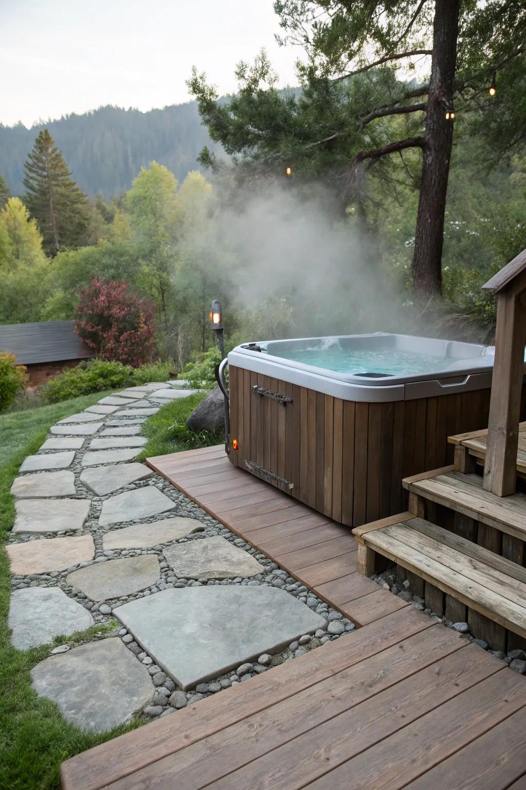 Stone and timber details contribute rustic charm to your hydro-therapy tub area.