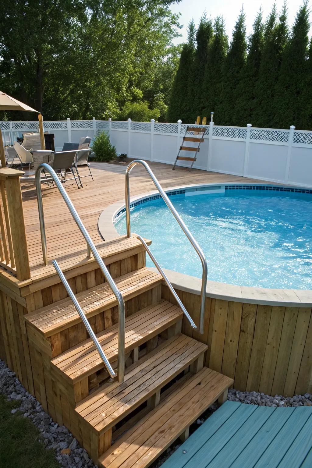 Protected and stylish pool entry using ladders and steps.