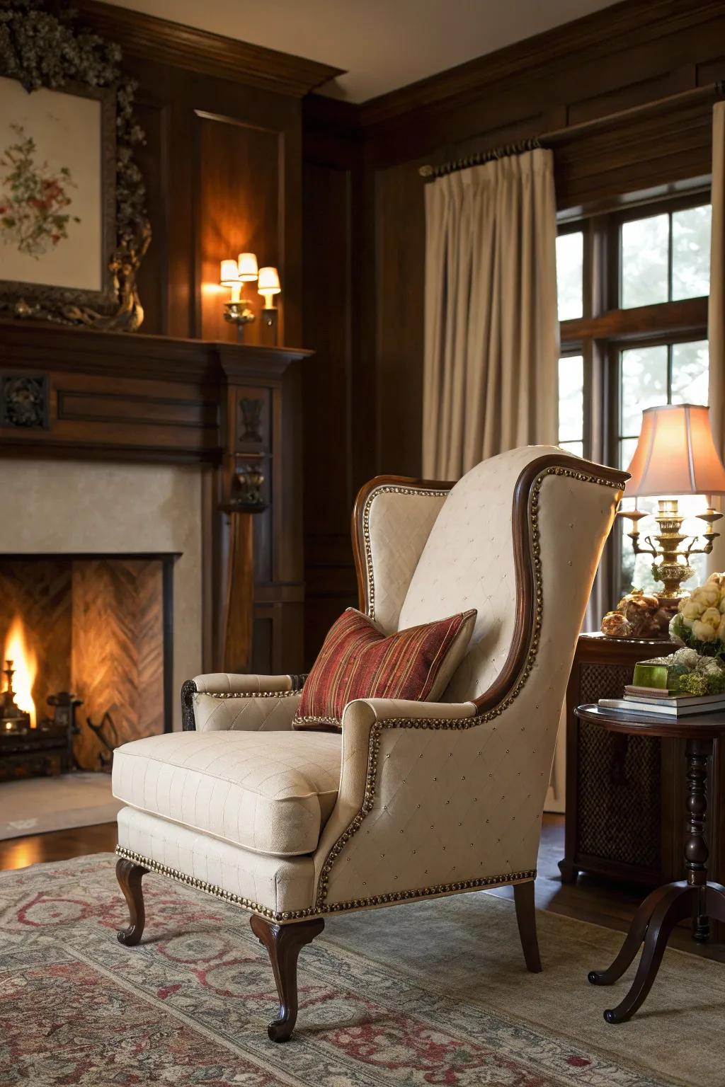 A wingback chair by the fireplace radiates classic elegance.