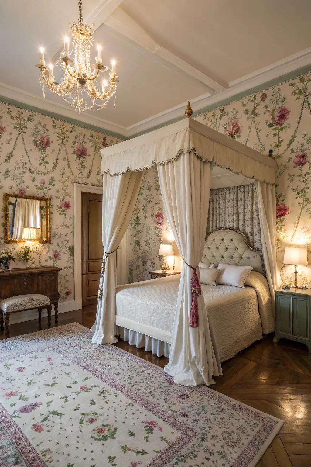 Floral wallpaper on the feature wall introduces sophistication and refinement to this bedroom.