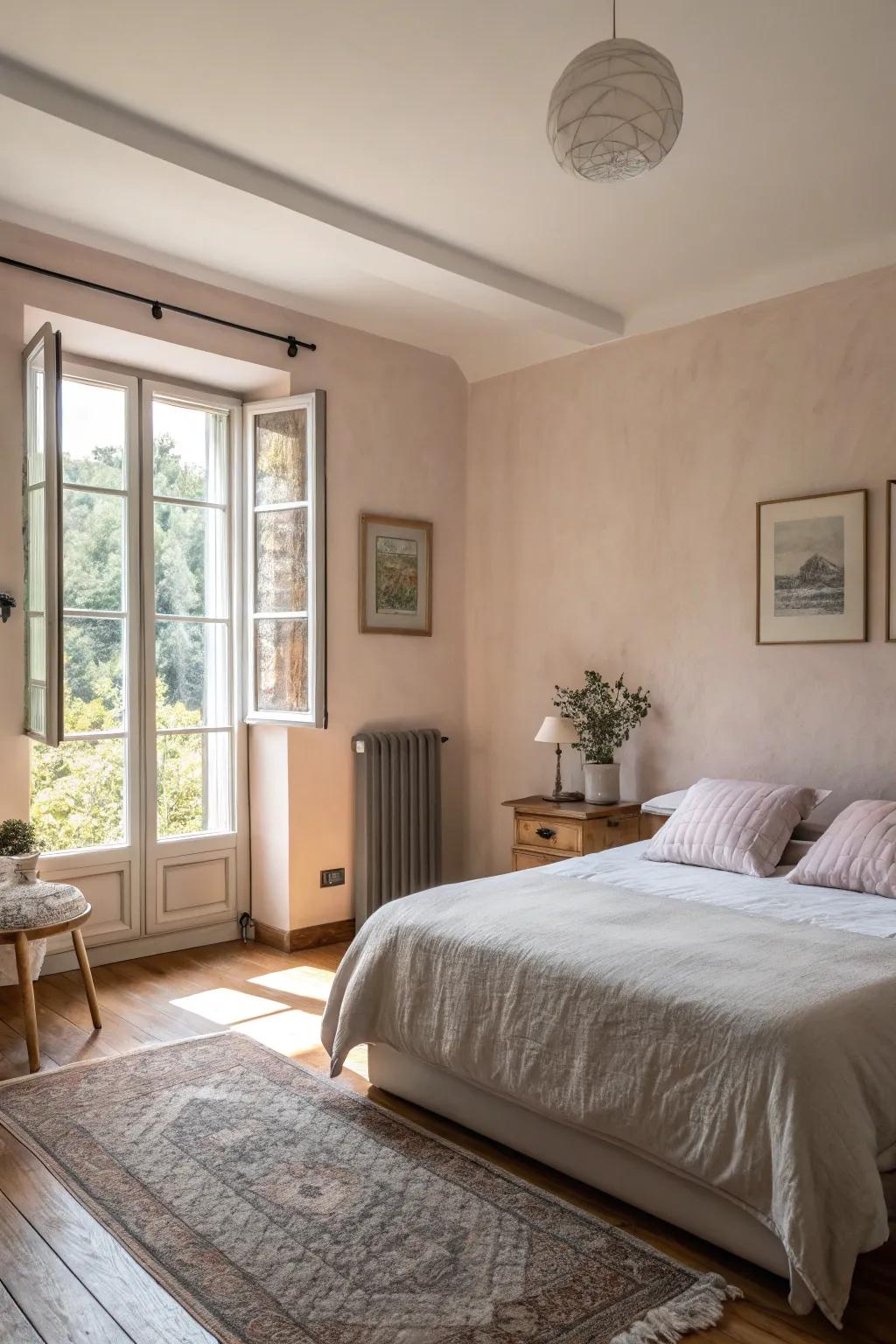 A serene sleeping quarters with a calming pastel feature wall.