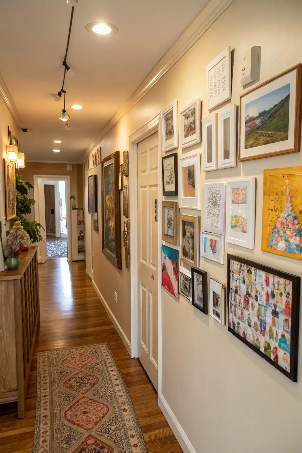 A hallway turned into a gallery wall with art and personal photos.