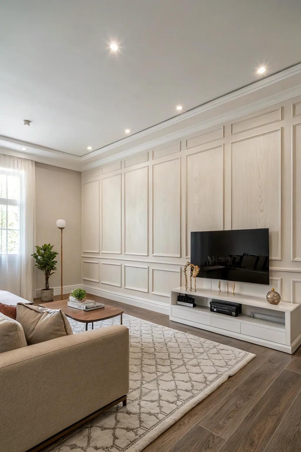A minimalist lounge featuring a basic panel feature wall.