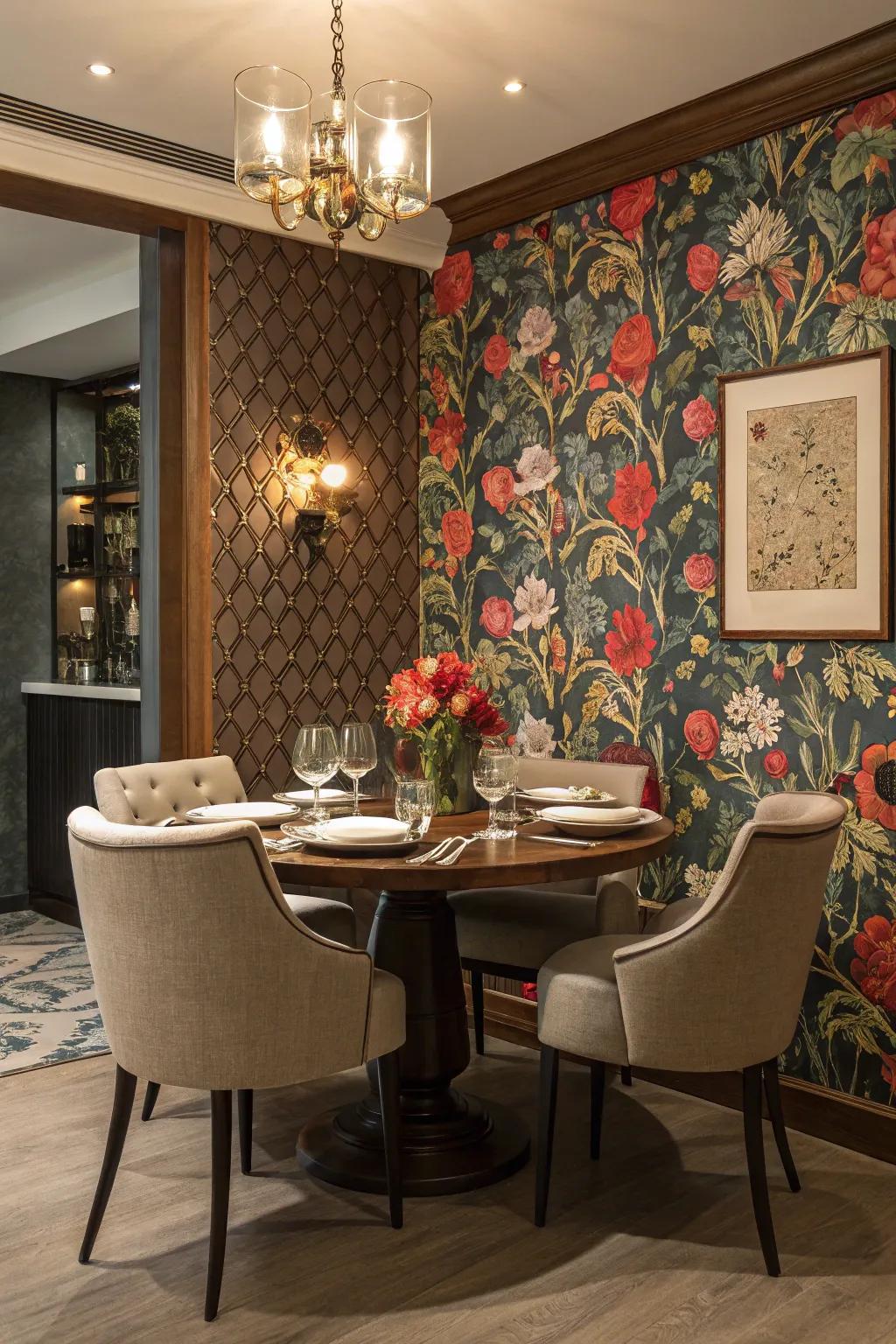 A bold floral wallpaper turns the dining room into a vibrant and spirited space.