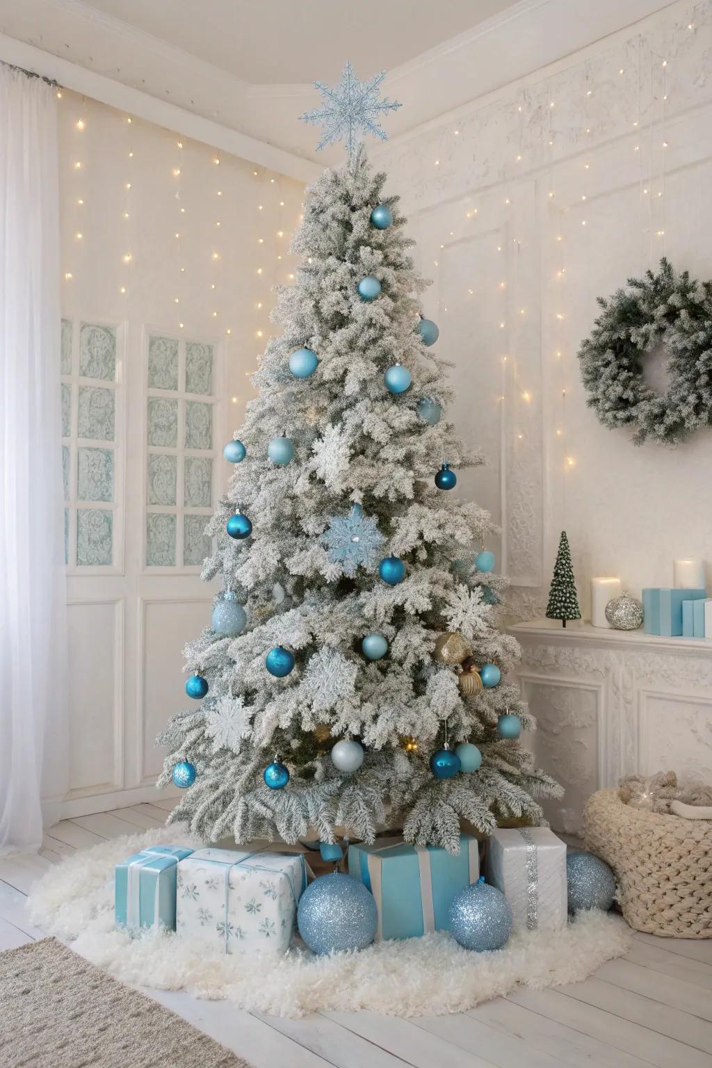 A frosty wonderland-themed Christmas tree for a magical snow-covered look.