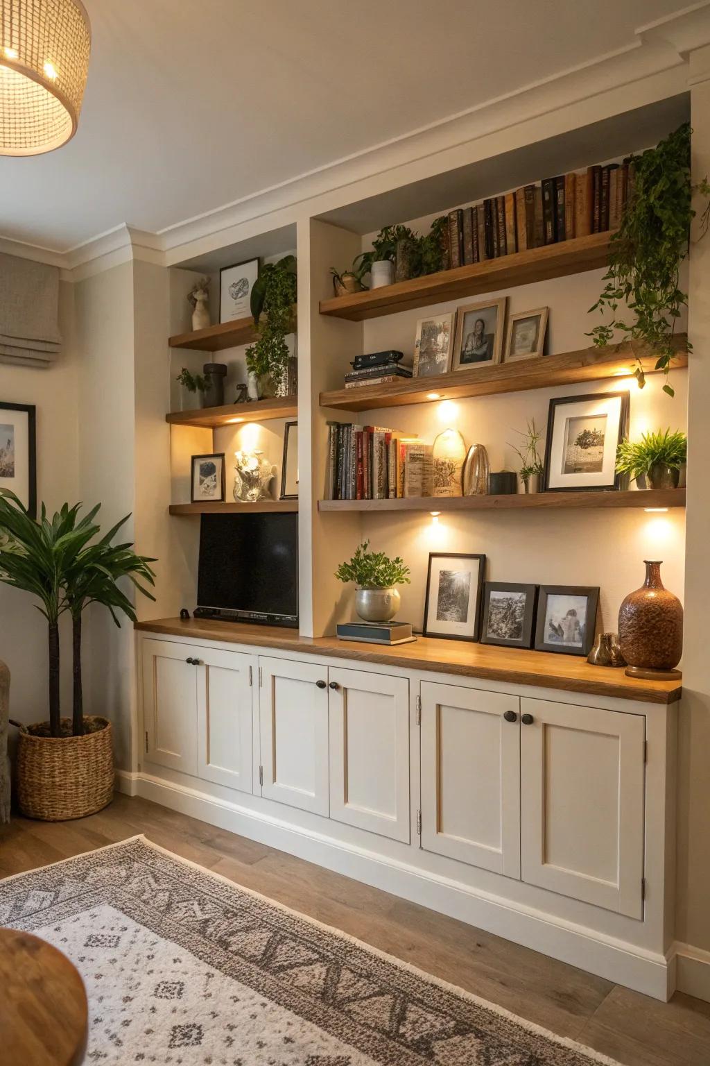 Integrate open shelving alongside hidden storage to realize a clutter-free appearance.