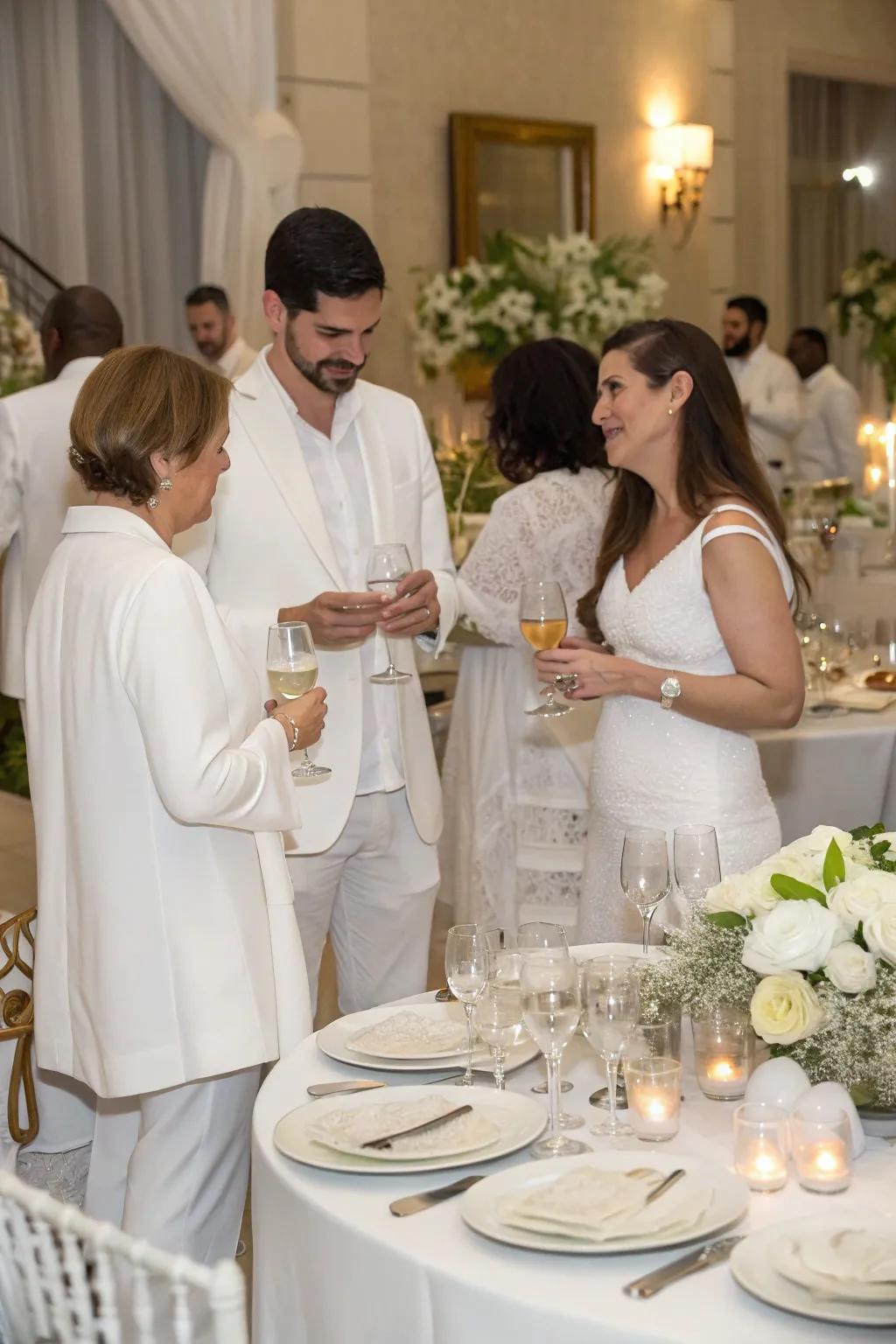 Guests dressed in all-white attire enhance the sophisticated ambiance of the gathering.