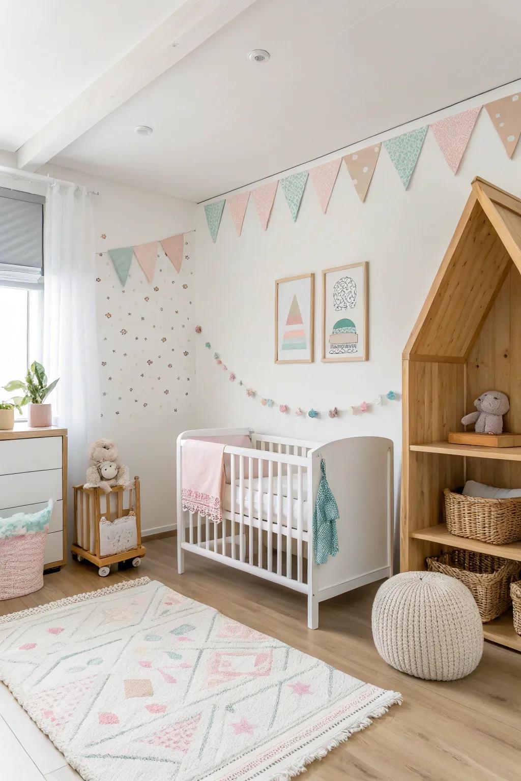 Neutral highlights provide subtle contrast in a white nursery.