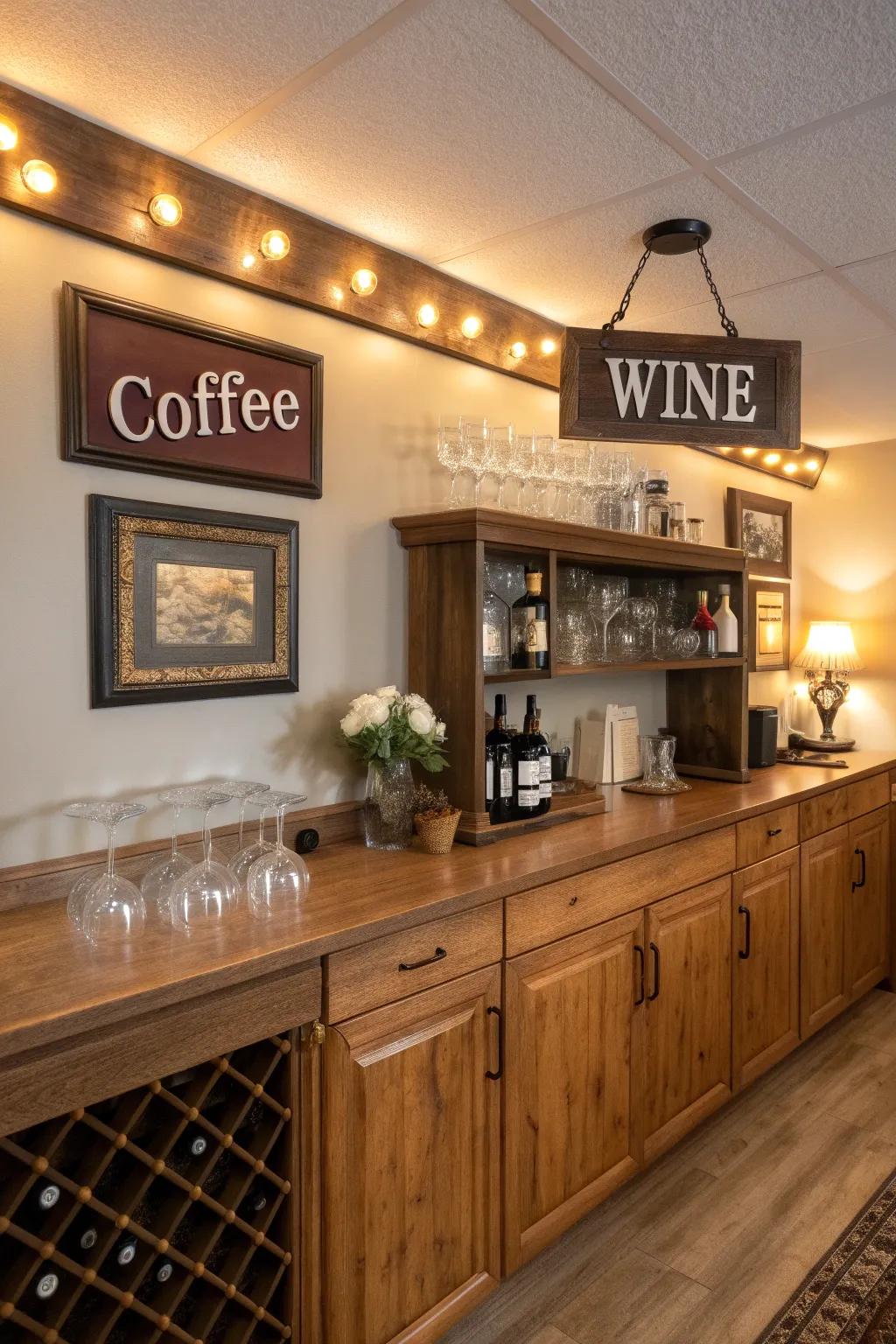 This inviting bar is made more personal by the addition of chic wall art.