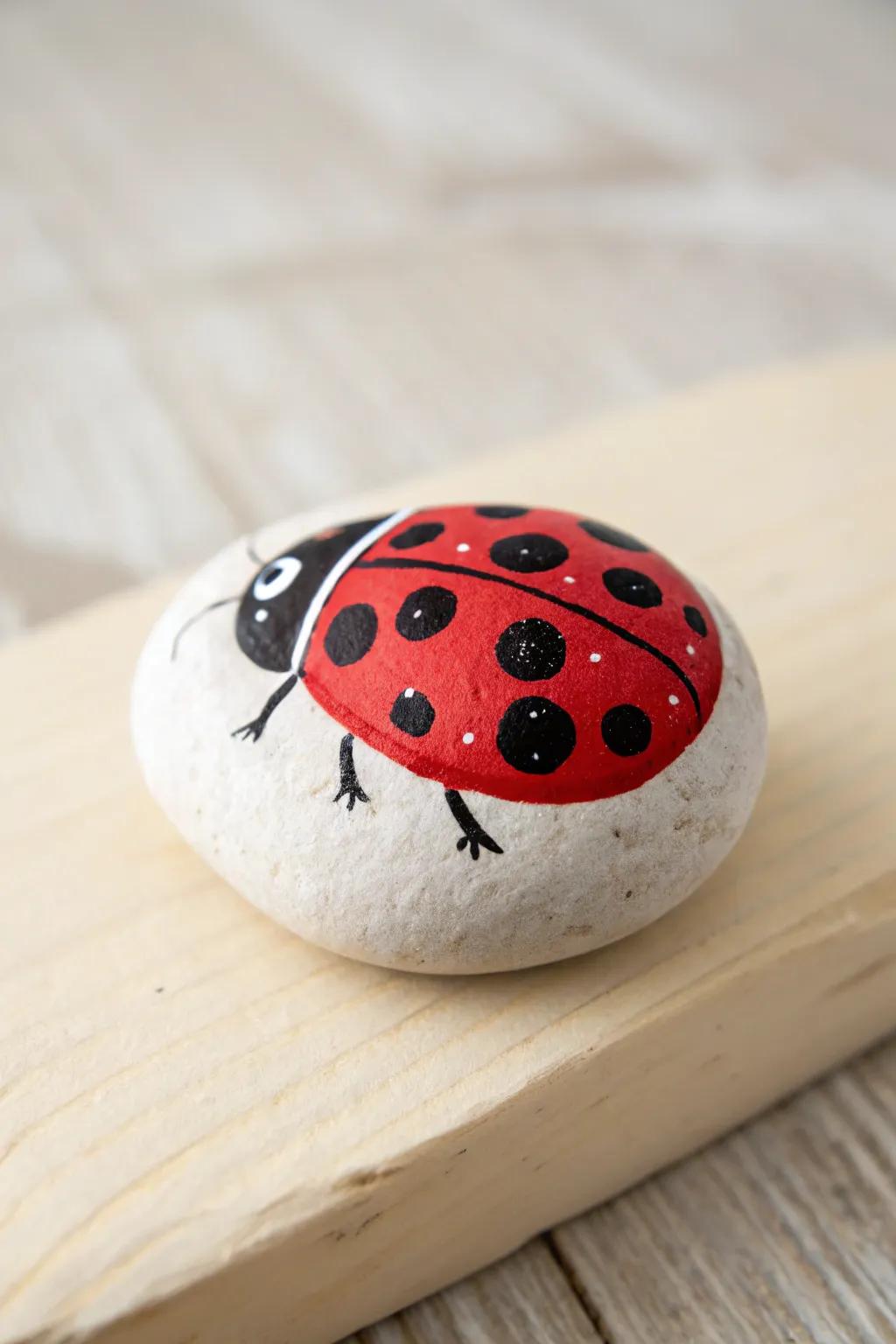 Introduce a playful accent to your environment with this captivating ladybug stone art, reminiscent of Scandinavian design.