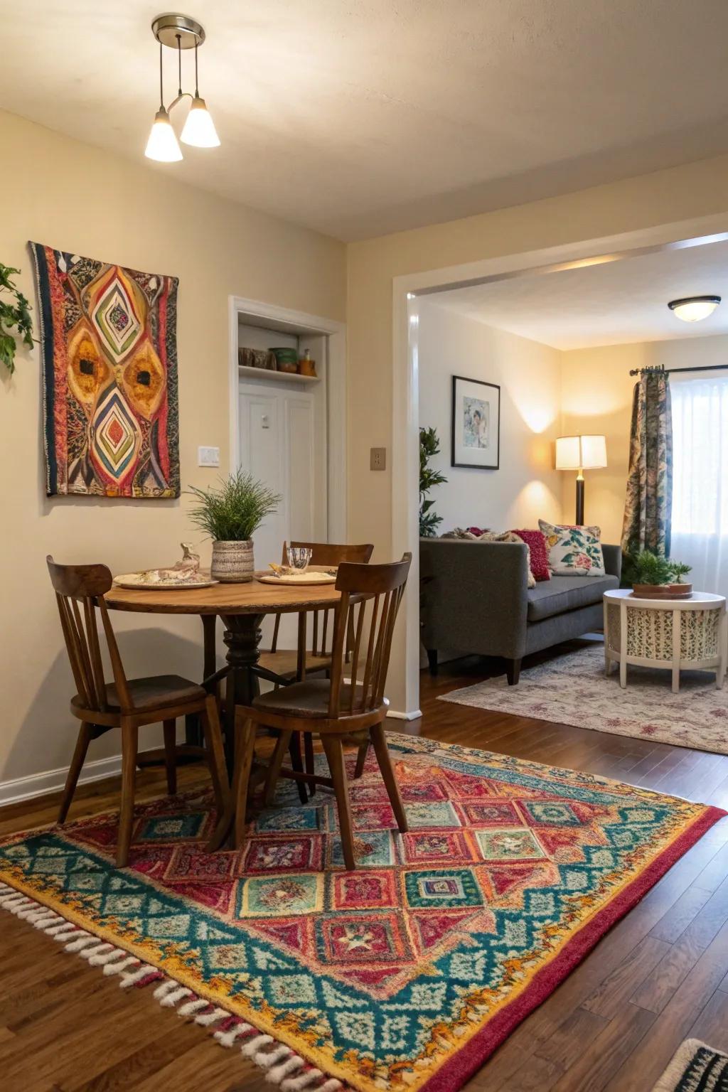 Floor coverings establish a defined dining zone.