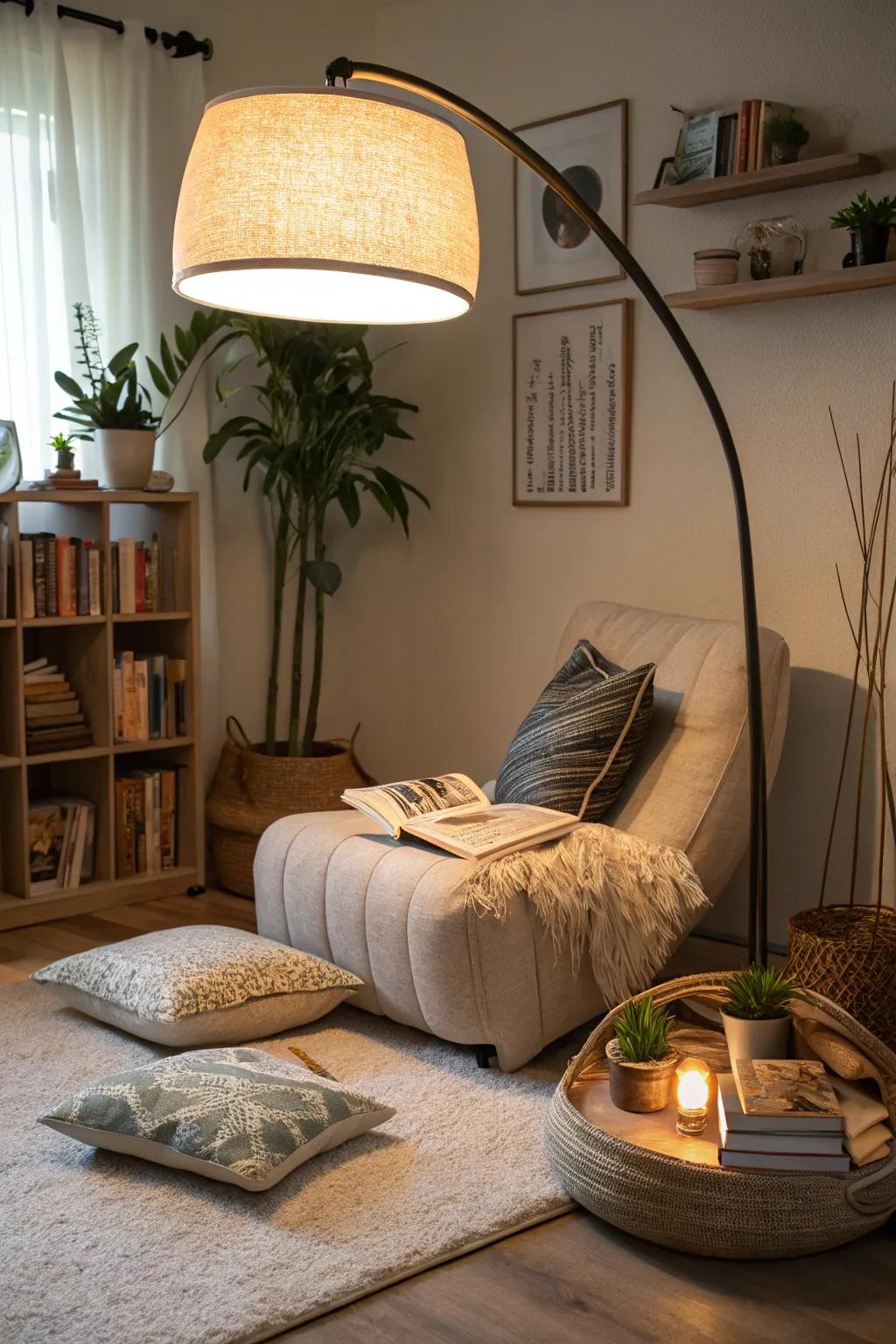 A comfy reading spot highlighted by an extensive arc standing lamp.