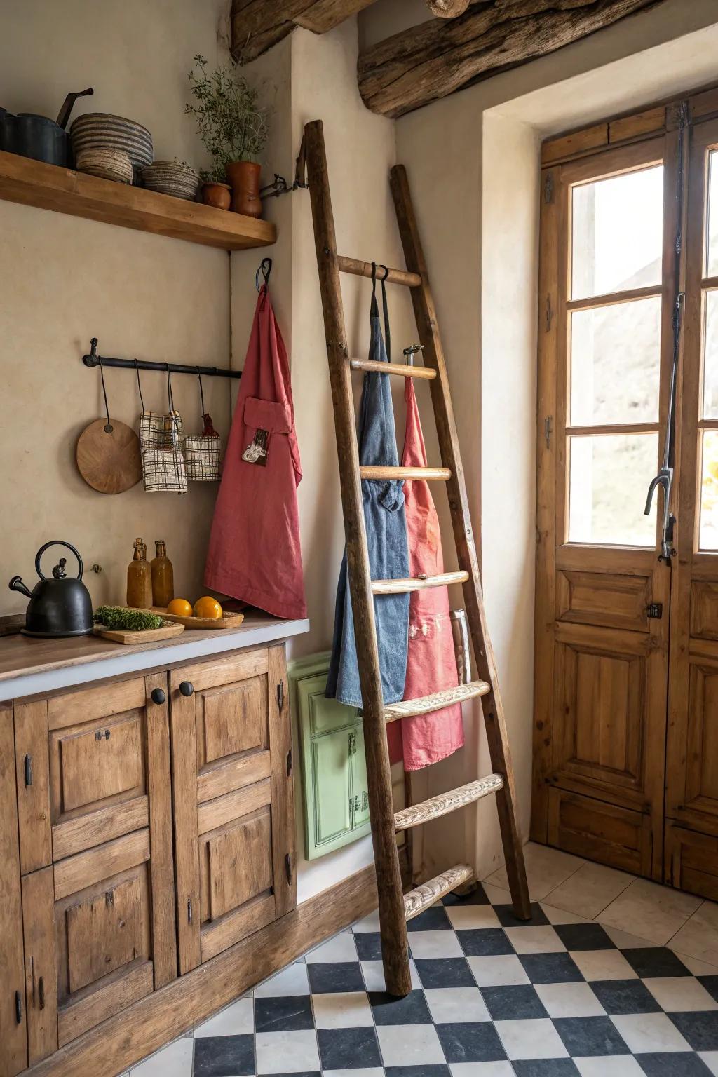 An antique ladder contributes rustic allure to your apron presentation.