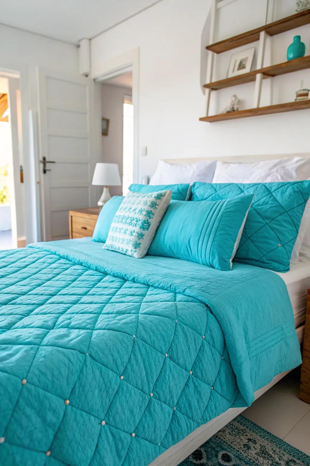 Aqua textiles enrich the bedroom with texture and dimension.