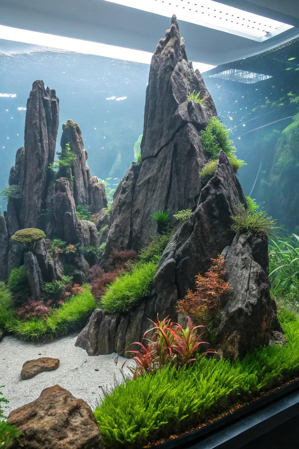Rough mountain summits impart playfulness and audaciousness to this aquascape.