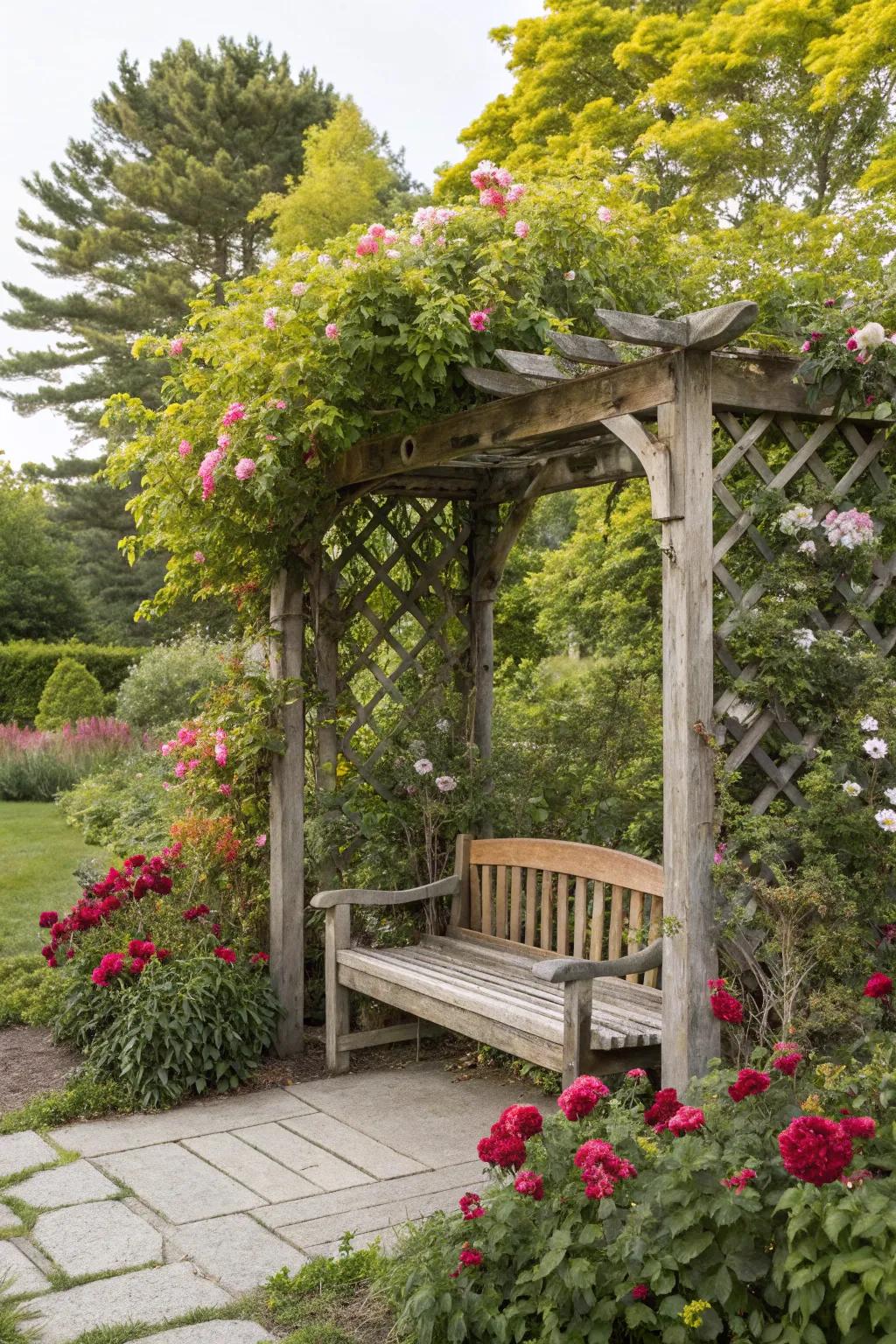 A trellis pergola with seating provides a tranquil garden escape.