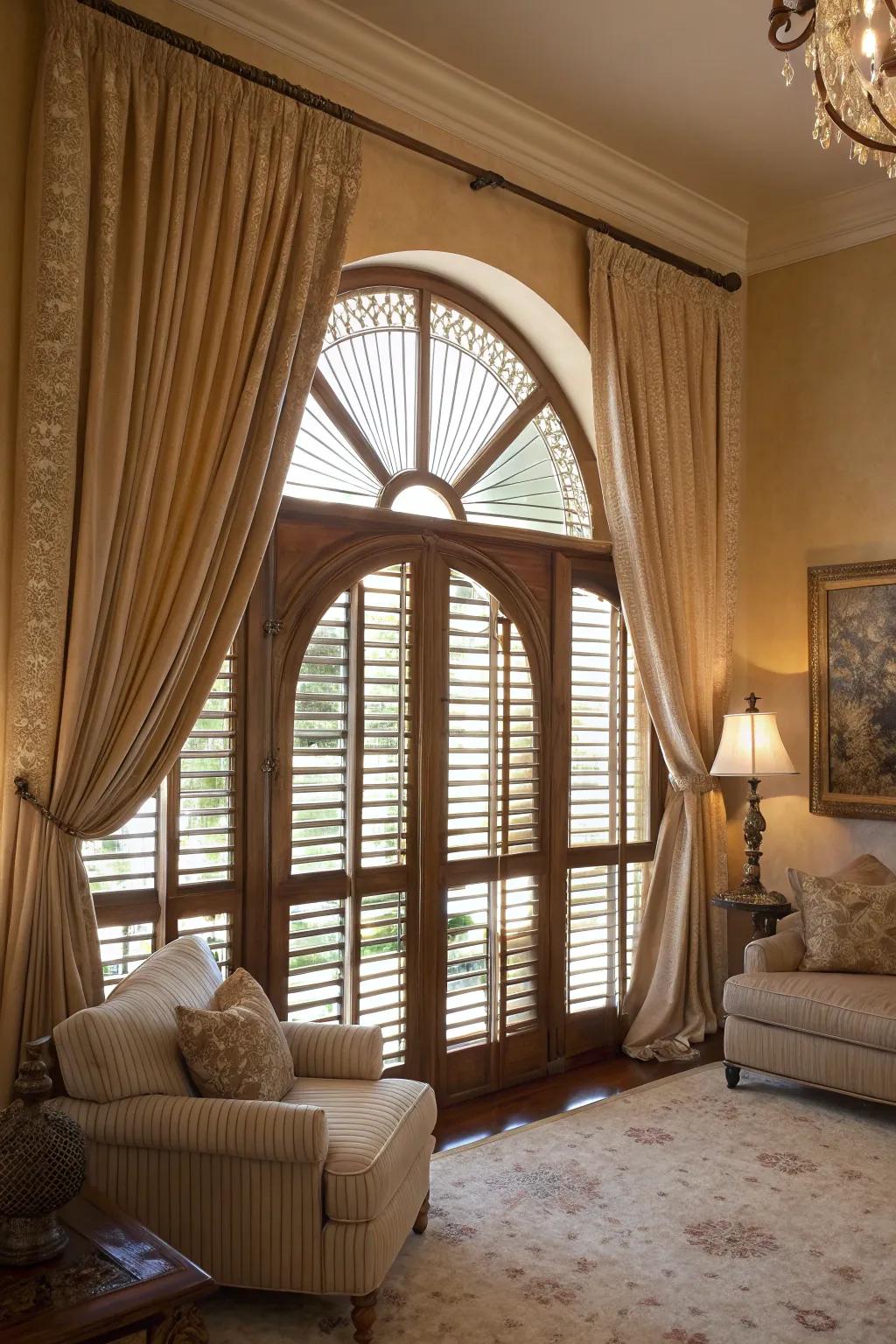 Inviting living space featuring layered treatments on arched windows.