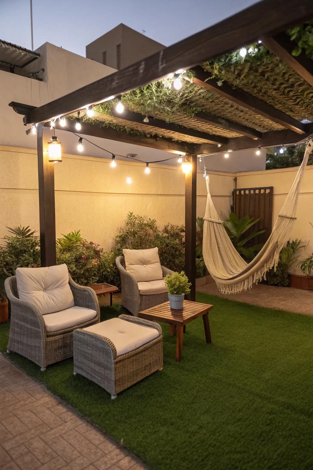 Unwind stylishly in a comfortable relaxation spot set on artificial grass.