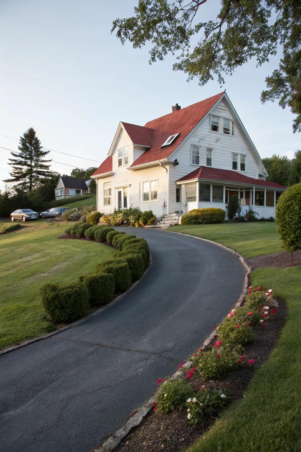 A curved driveway brings a refined touch to your house.