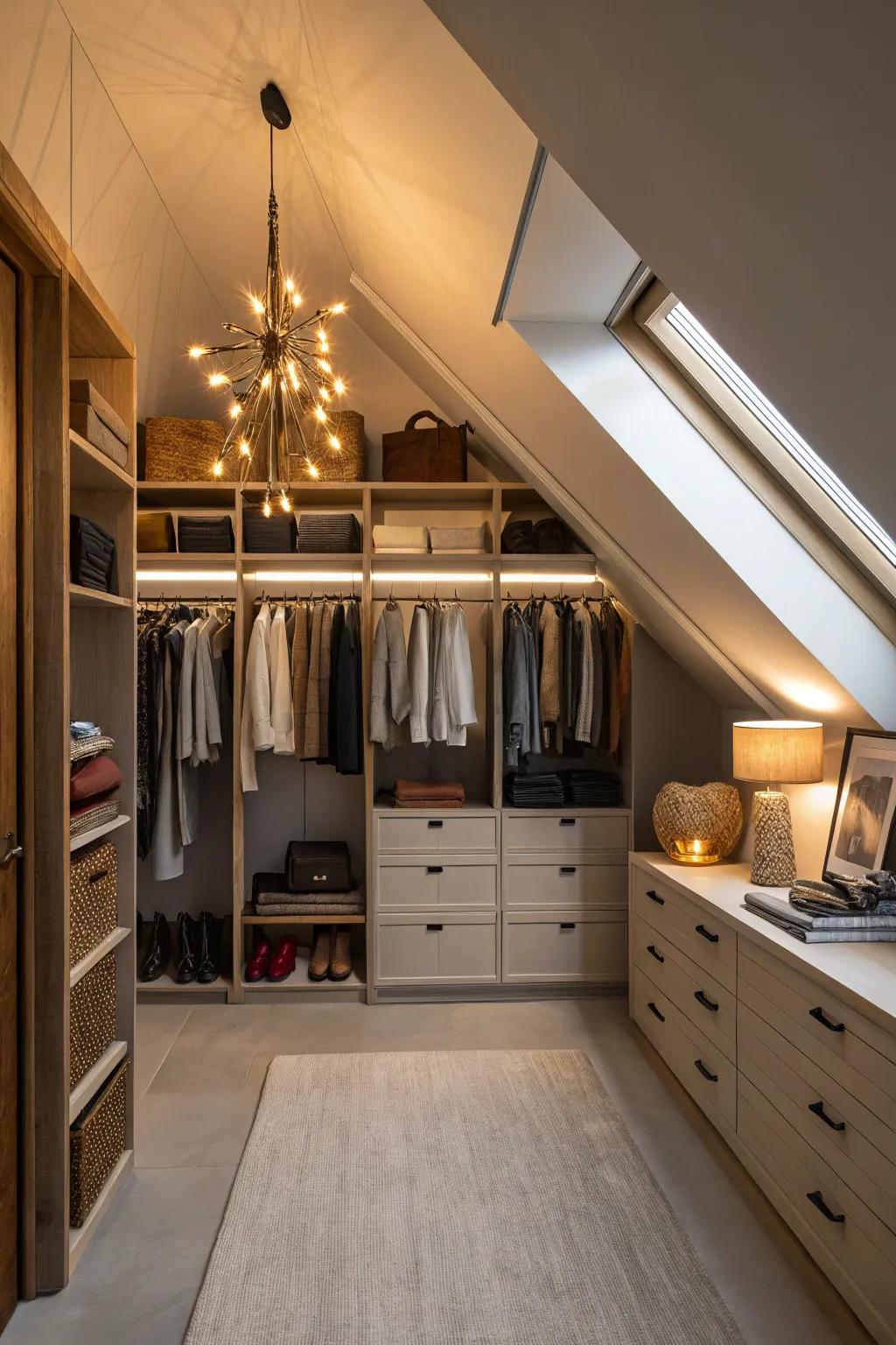 Proper lighting makes a dim attic into an inviting closet.
