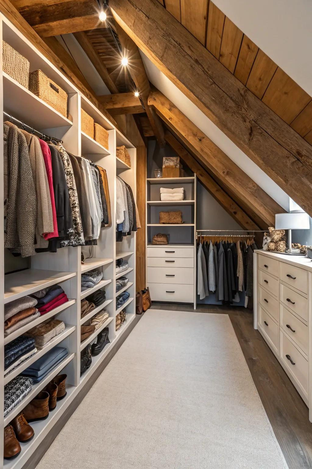 Your attic offers the ideal dimensions for a sizable walk-in closet.