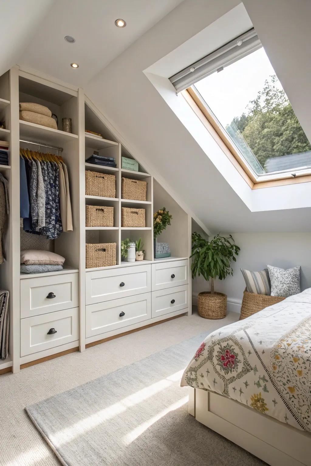 Integrated storage keeps your attic bedroom neat and functional.