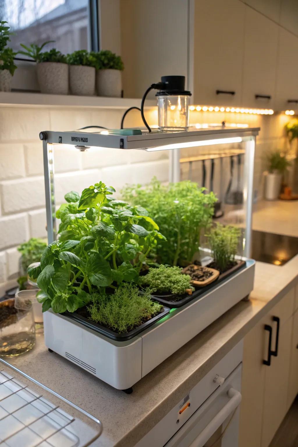 A tabletop greenhouse with built-in grow lights, ideal for growing herbs.