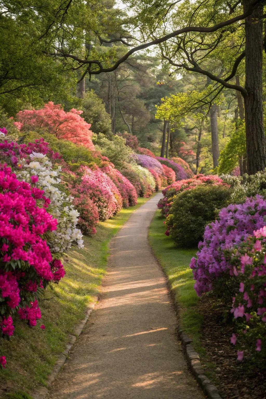 Azaleas utilized as vibrant borders along a garden path.