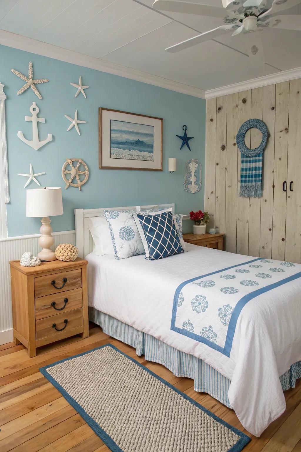 A seaside-inspired bedroom bringing the peacefulness of the ocean indoors.