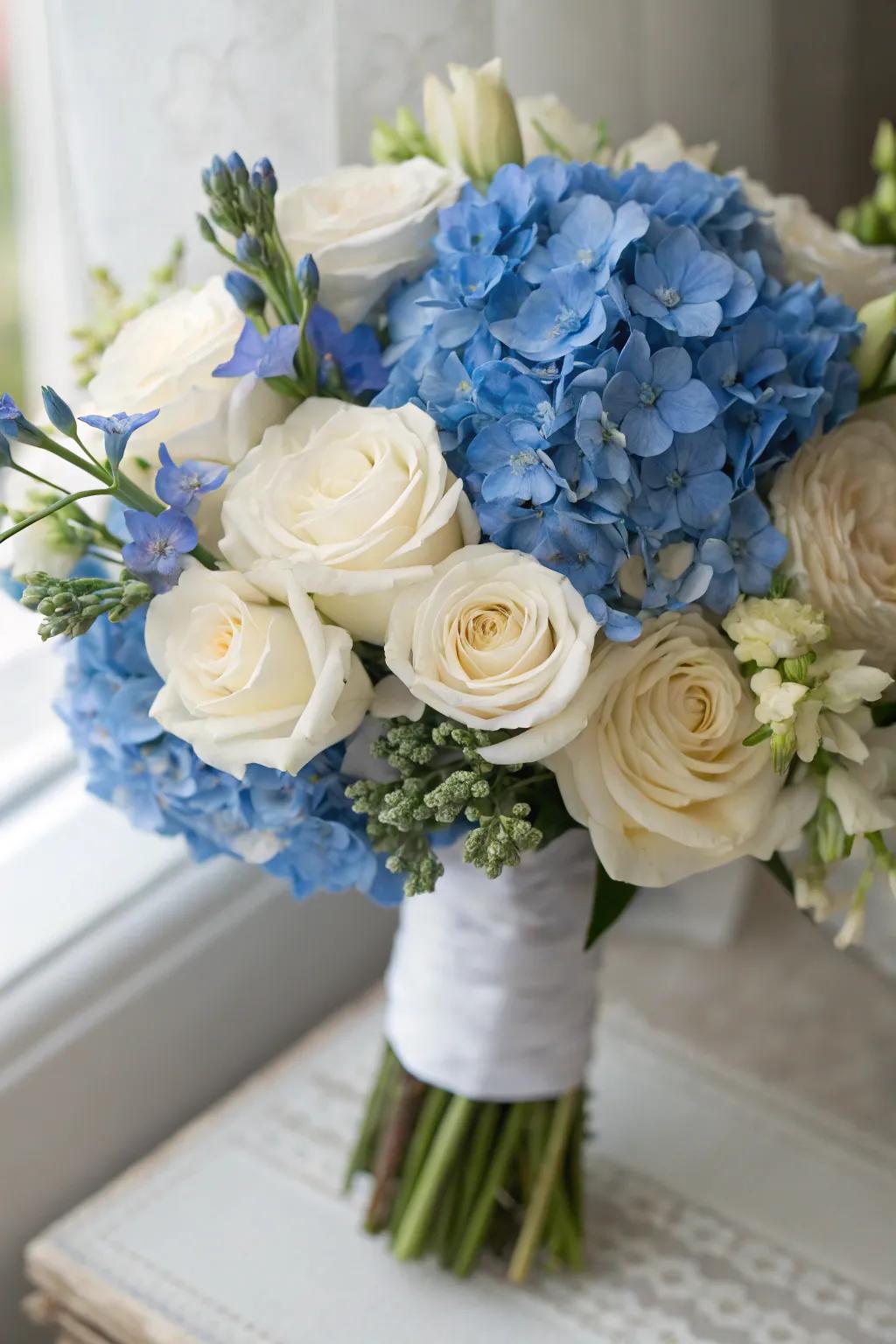 Blue hydrangeas contribute a splash of color to your wedding bouquets.