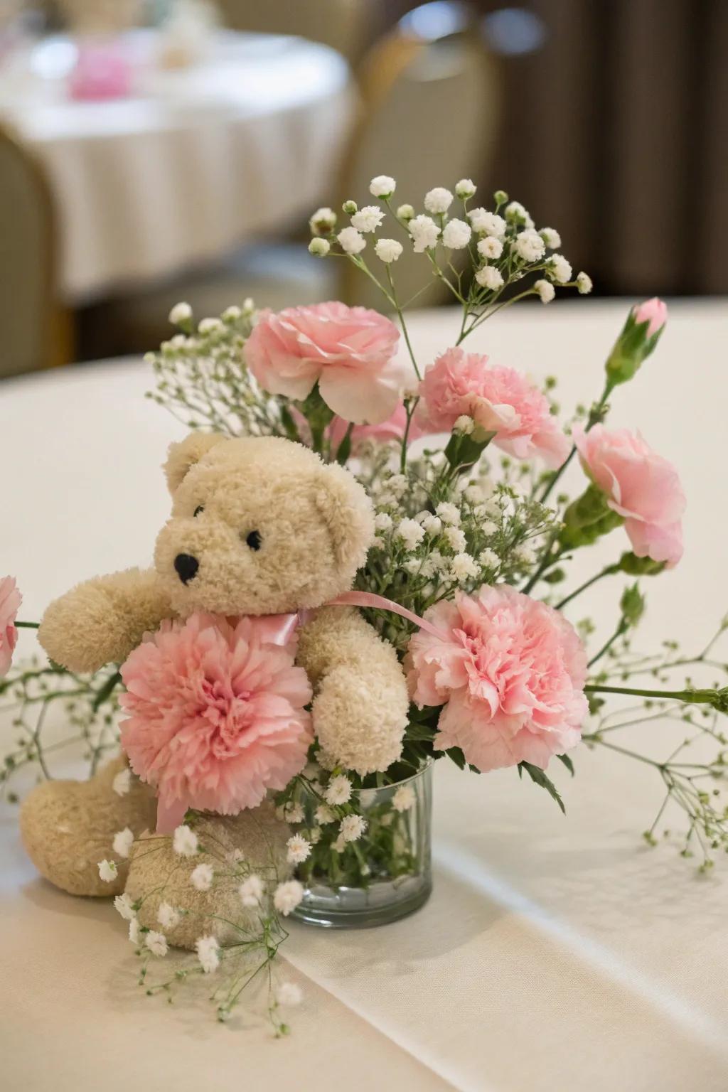 Adorable stuffed bear centerpiece with delicate florals.