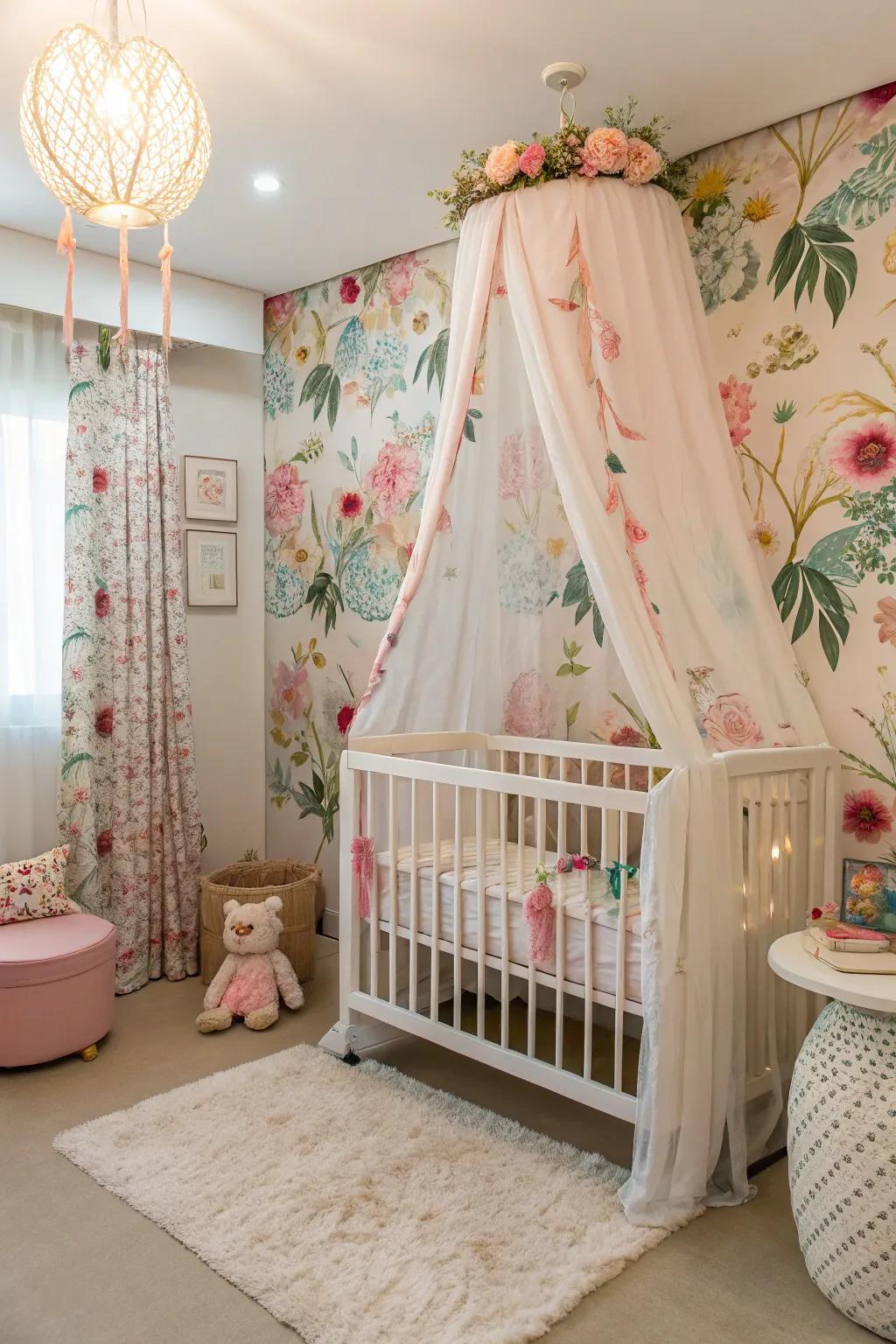 A magical canopy adds a whimsical element above the crib.