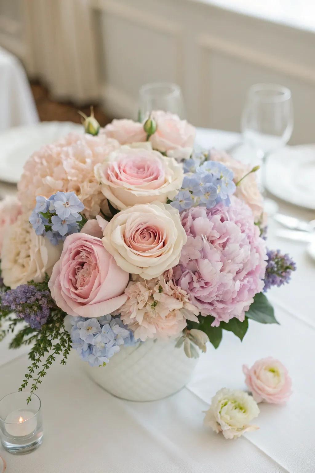 A garden-inspired centerpiece featuring roses and peonies