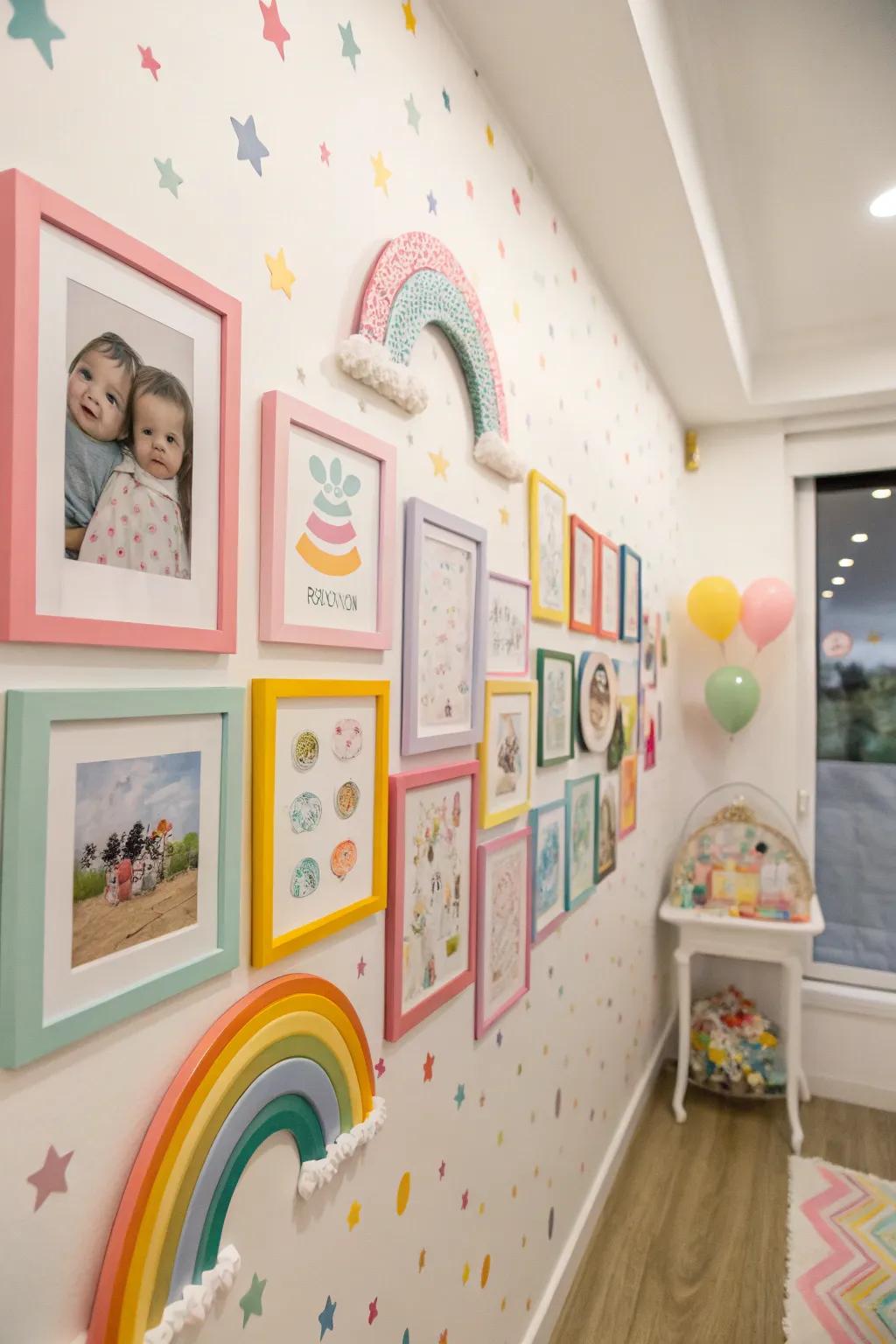 A rainbow theme incorporates a hint of whimsy into your infant picture wall.