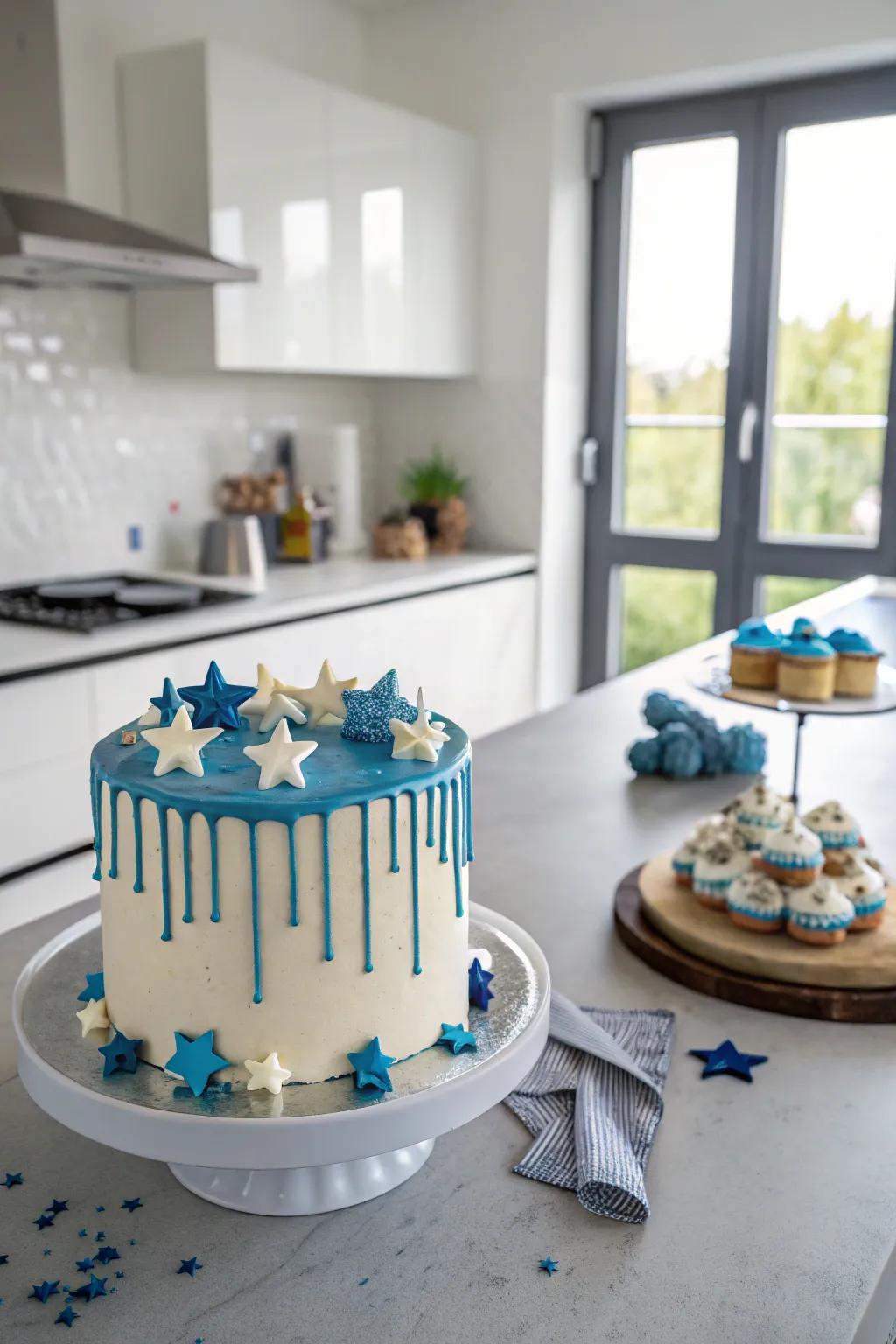 Fashionable trickle cake with azure sweet melts and edible celebrities.