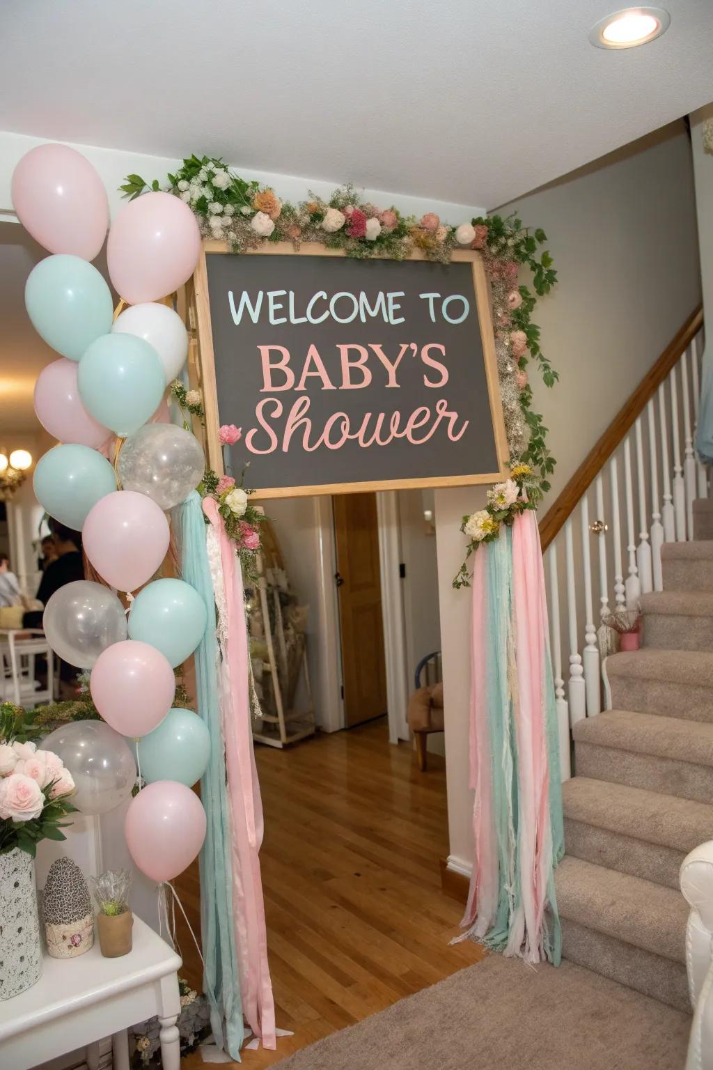 A cohesive thematic entryway draws together the entire baby shower design.