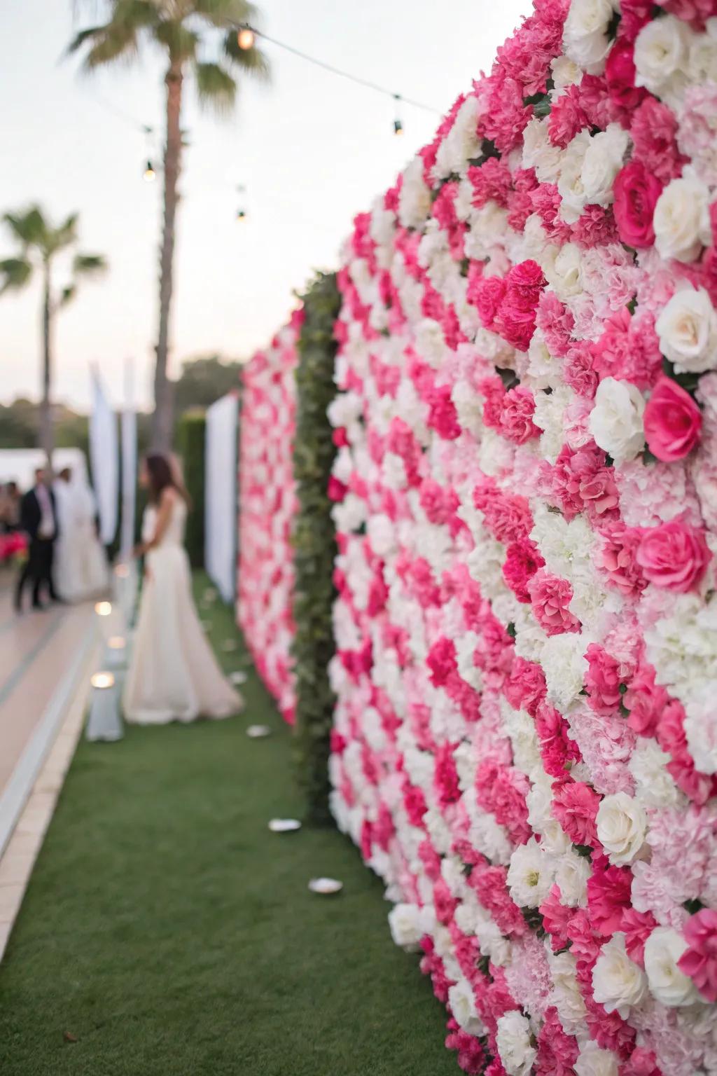 A stunning botanical wall in shades of pink and white.
