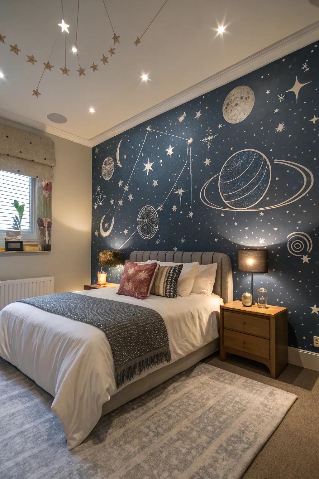 A bedroom that welcomes you to dream every night with a celestial-inspired painting showcasing planetary and star features.