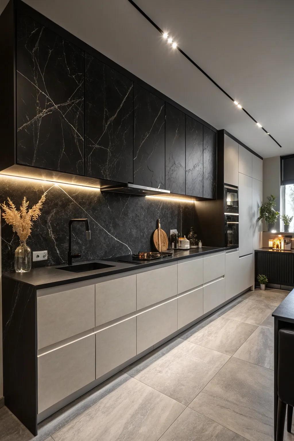 Black on black creates a dramatic and sophisticated kitchen atmosphere.