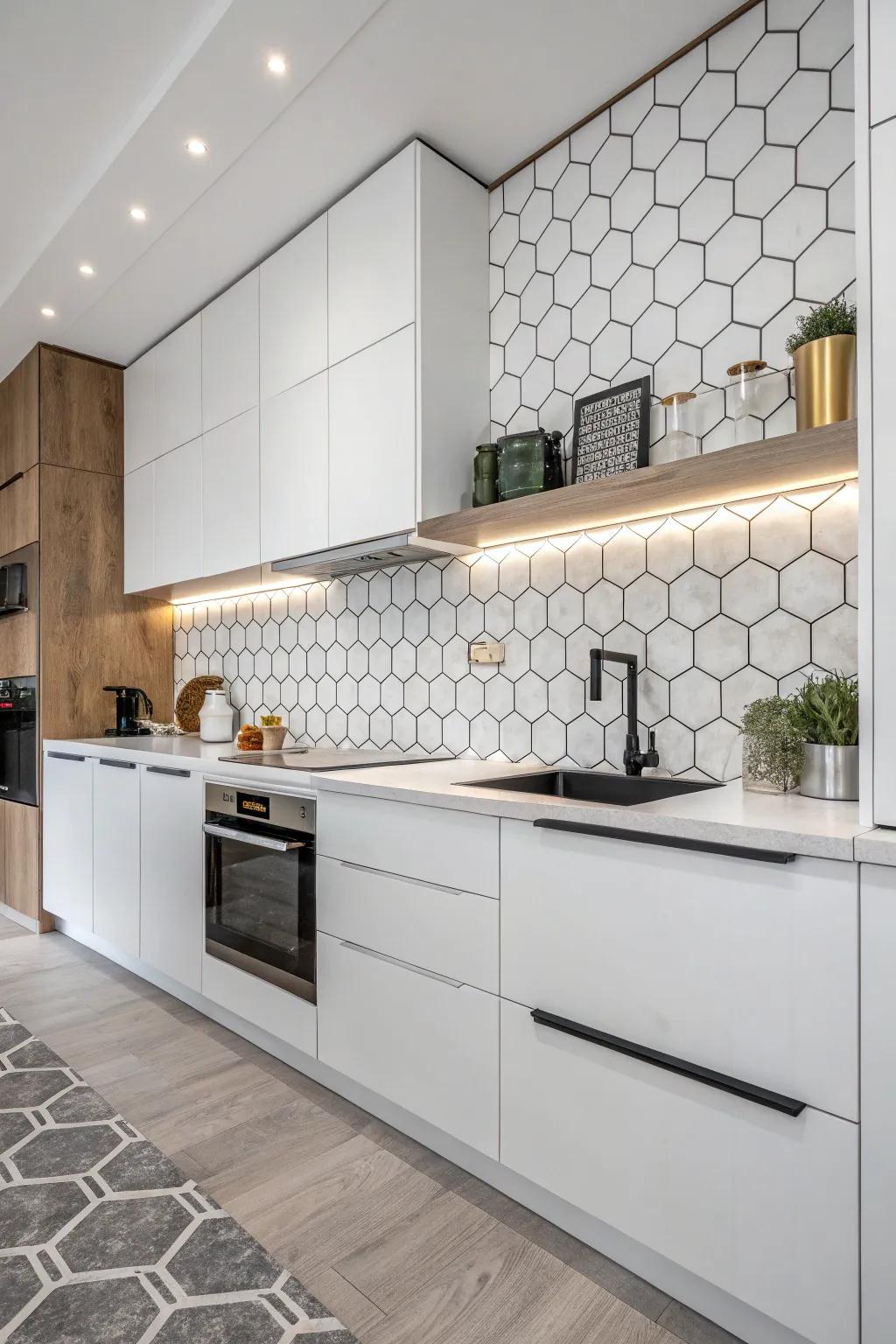 Hexagon tiles offer a modern geometric touch