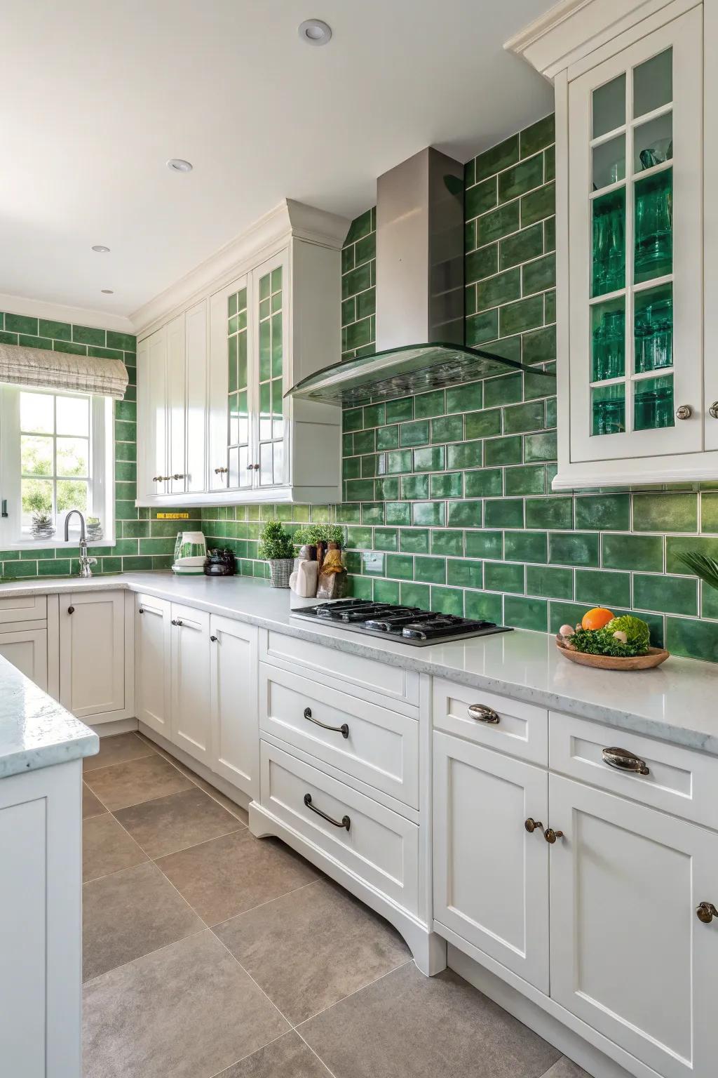 Verdant tiles introduce a calming element to this modern white kitchen.