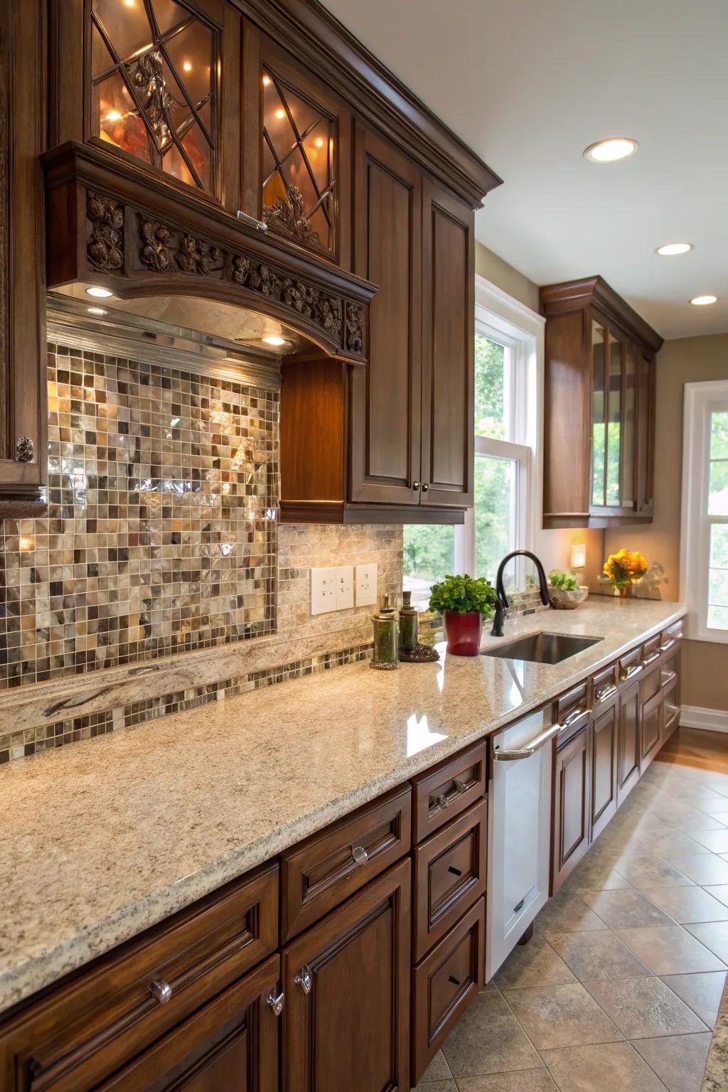Glass shards provide an elegant flourish to fantasy brown granite.