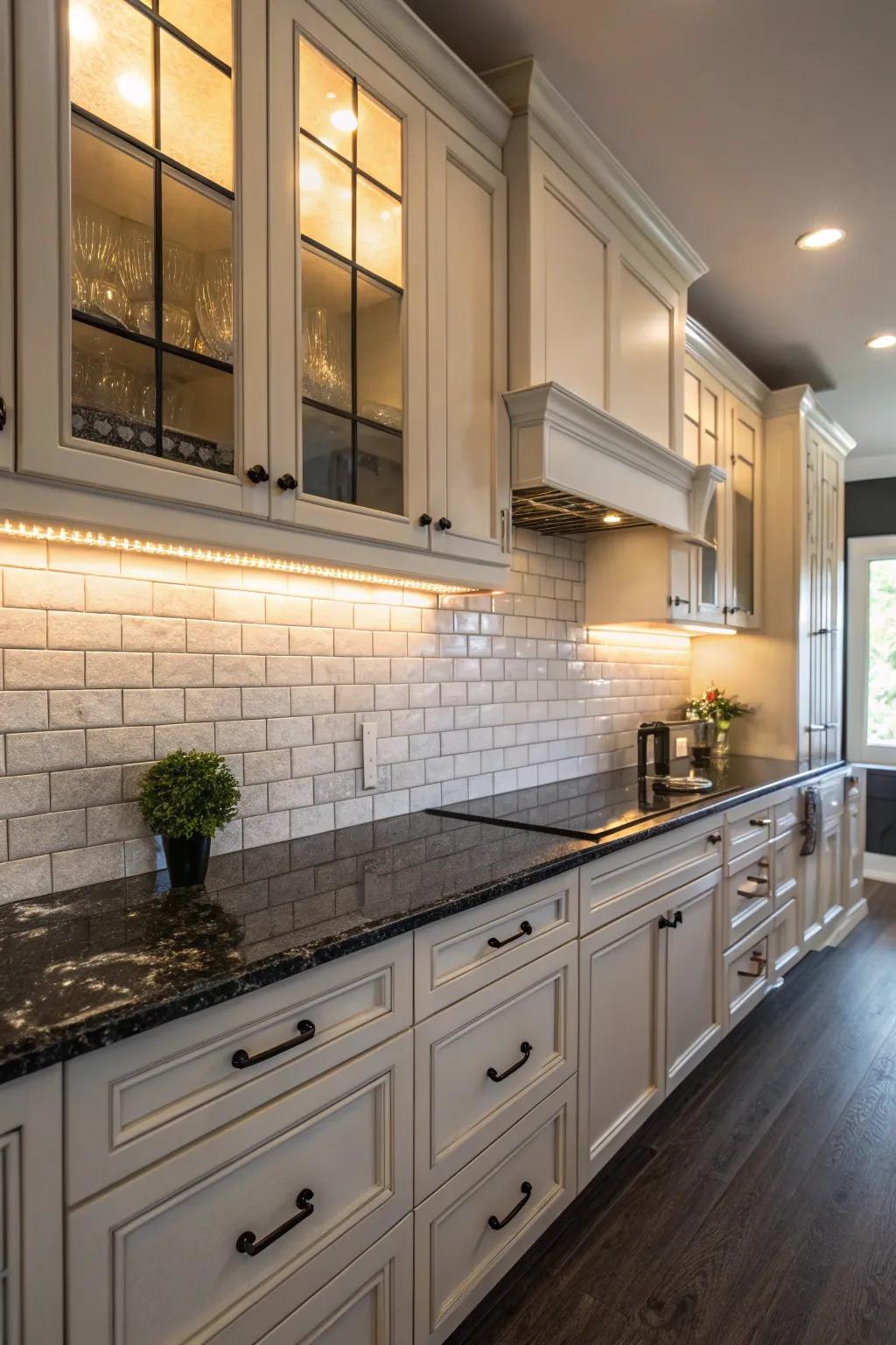 Bright cabinetry and dark granite establish a striking contrast.