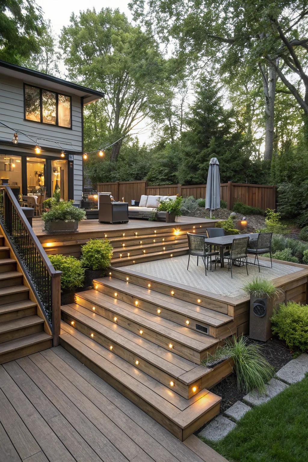 Tiered decks incorporate dimension and flair.