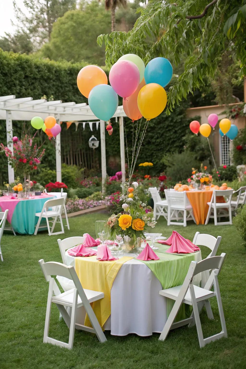 Vibrant air spheres and cloth squares bring a splash of color to the garden party.