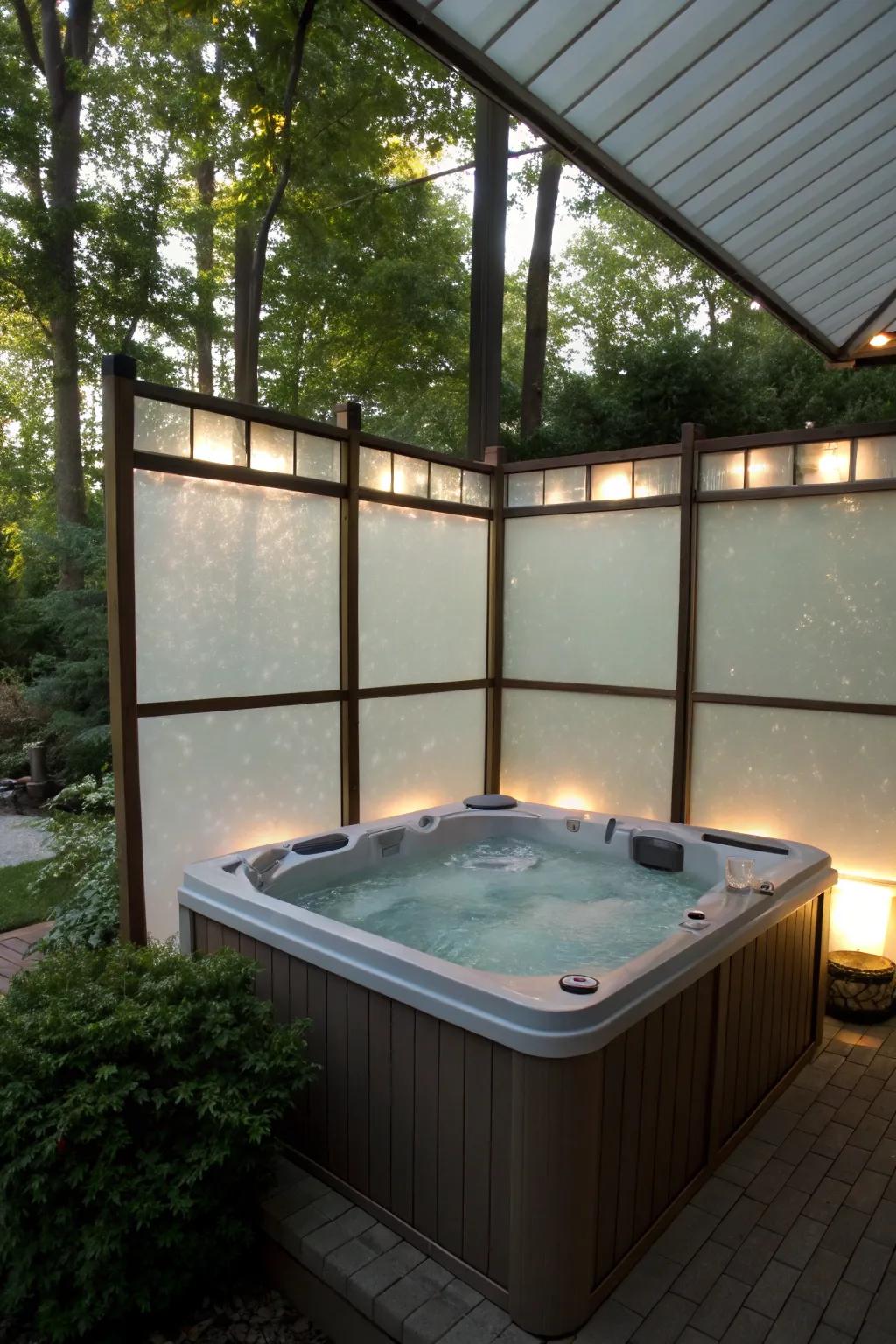 Opaque glass panels provide a sleek and contemporary solution for spa privacy.