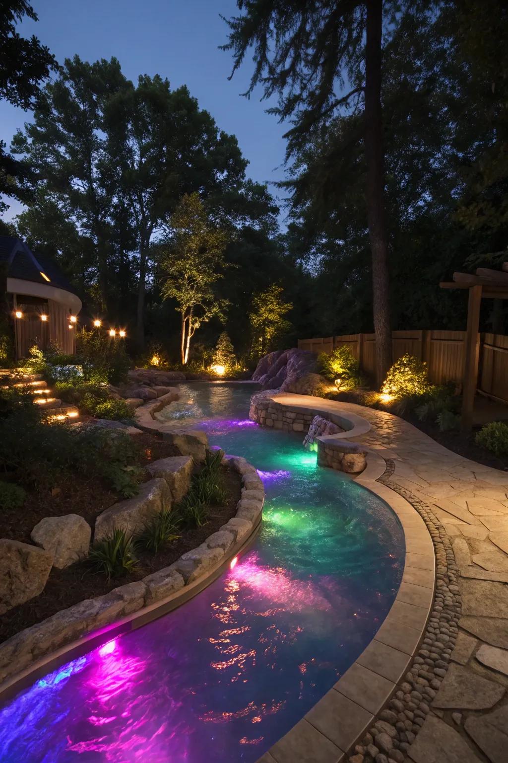 A beautifully lit lazy river pool, casting a magical glow.