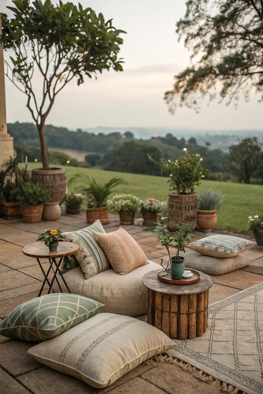 Comfortable seating featuring plush cushions enhances outdoor relaxation.