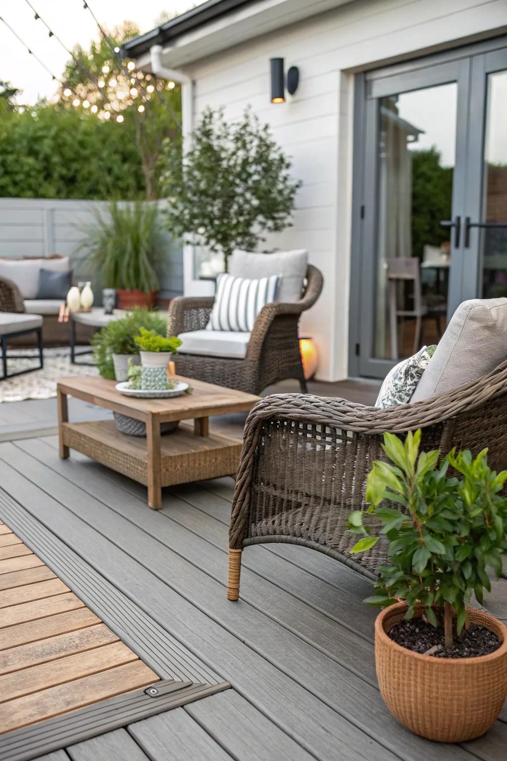 Composite decking marries sturdiness with beauty, resulting in a minimal-maintenance patio.